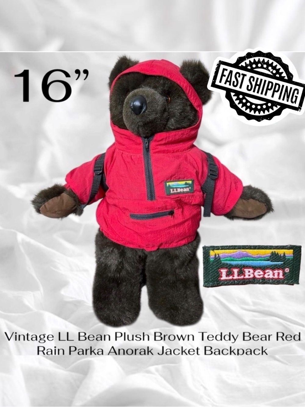 Vintage LL Bean Plush Brown Teddy Bear Red Rain Parka Anorak Jacket Backpack 16”